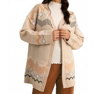 NEW KNIT & LOUNGE geometric knit pattern scallop trim cardigan in sand